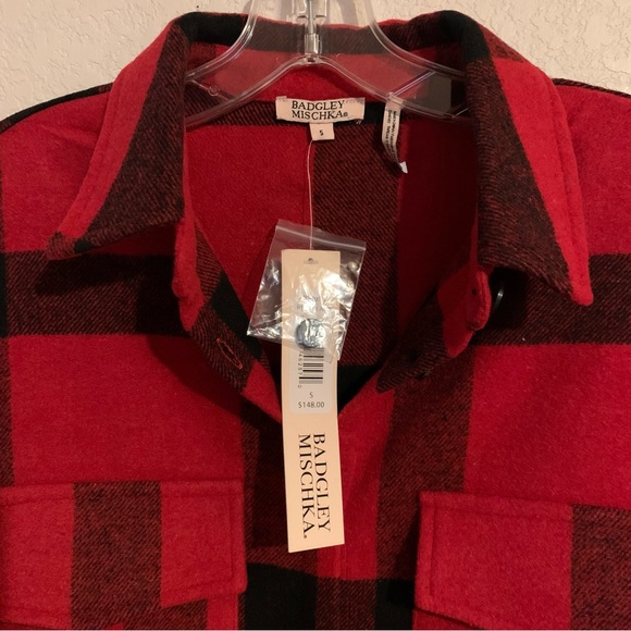NWT Badgley Mischka Buffalo Red/Black Plaid Shacket With Fringe - Picture 4 of 4